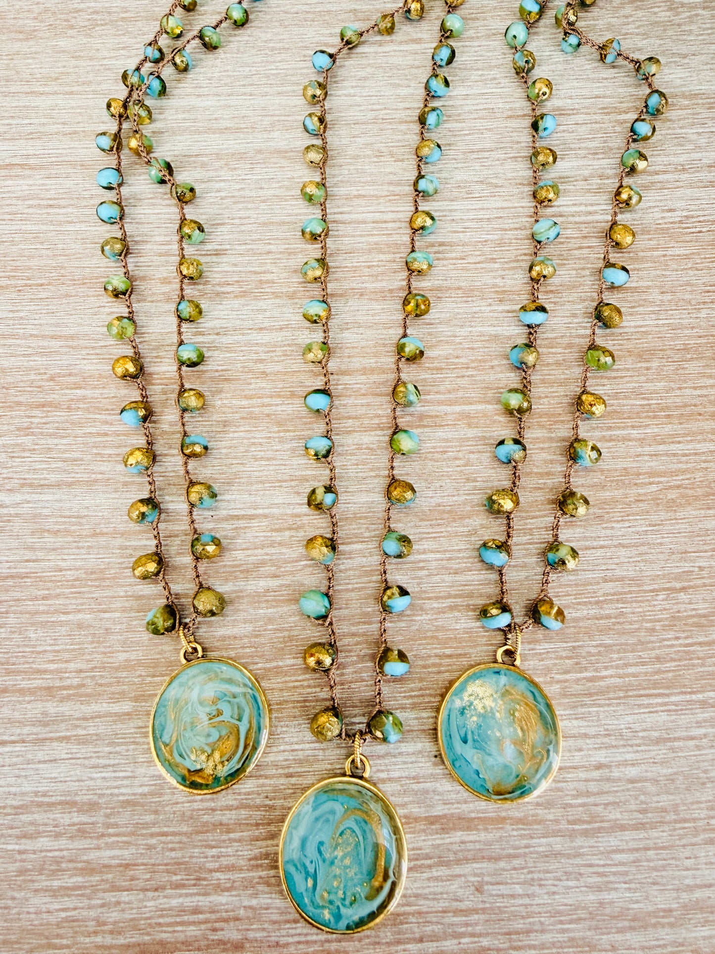 Golden Sea Portal Handmade Pendant And Crocheted Czech Crystal Necklace