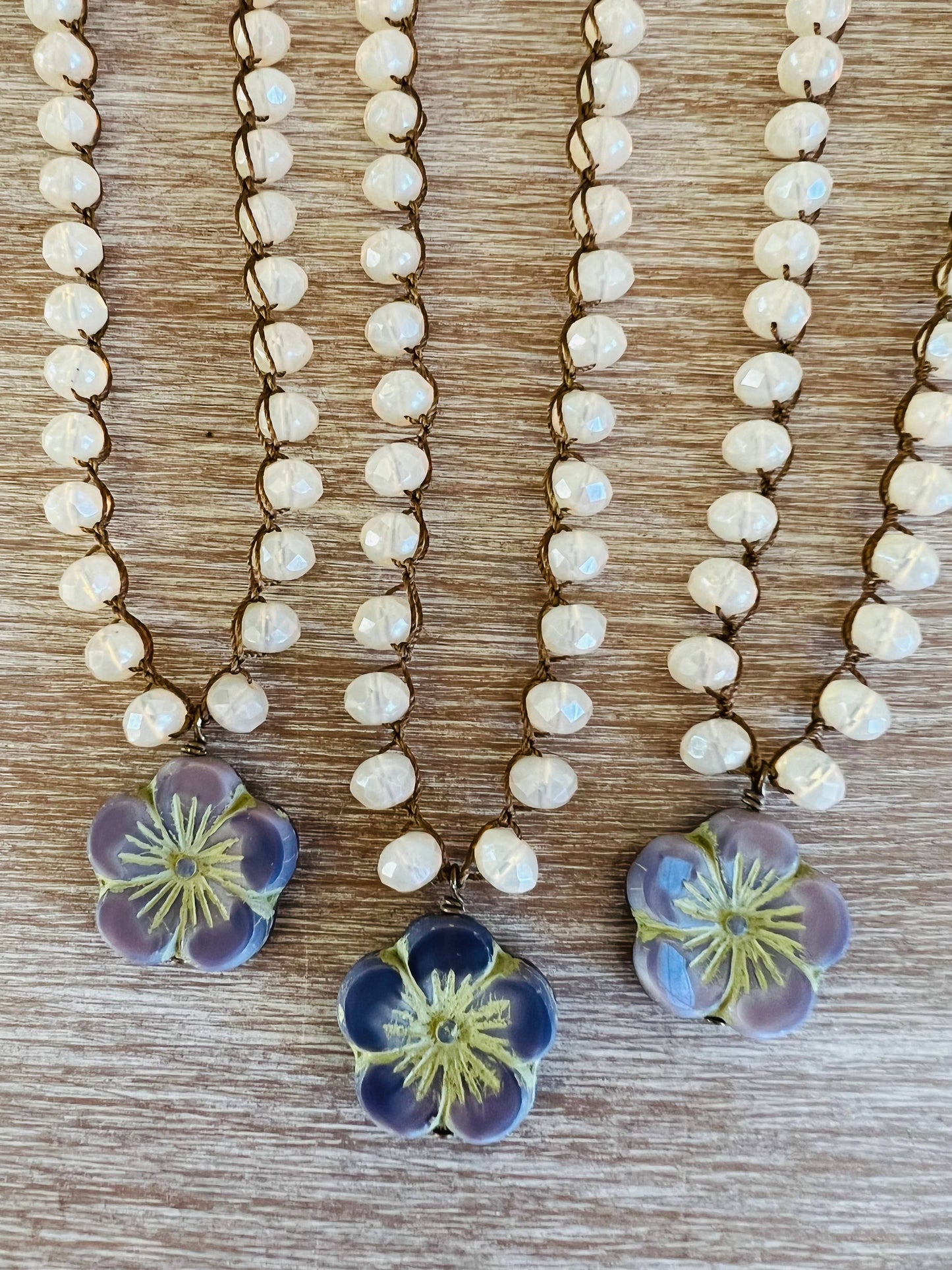 Soft Lavender Pressed Glass Flower Necklace And Opal Crystal