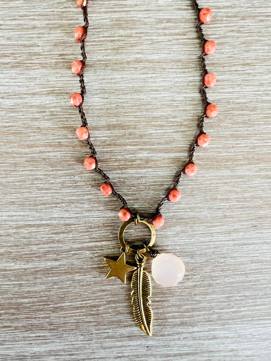 Coral Dream Catcher Knotted Necklace With Chalcedony Drop