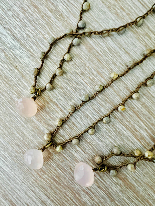 Rustic Crystal Necklace & Faceted Pink Chalcedony Briolette