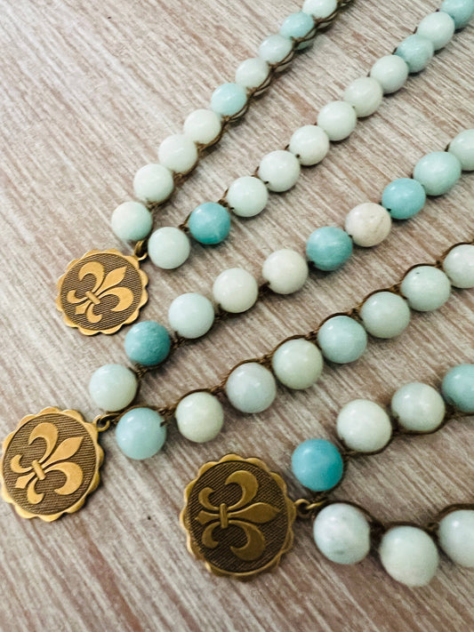 Fleur Des Lis Charm Necklace With Knotted Amazonite Stones
