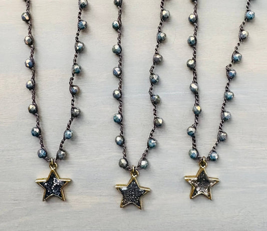 Midnight Glitter Star Pendant And Crocheted Necklace 