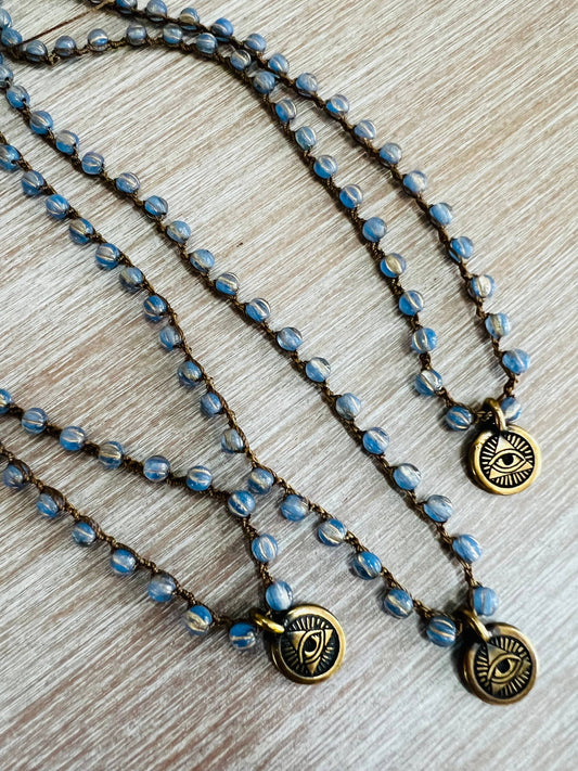 Denim Crystal Necklace With Evil Eye Pendant
