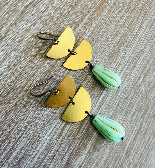 Double Half Moon Earrings With Mint Crystal Drop
