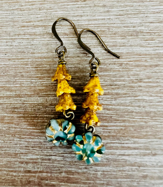 Spring Showers Golden Bud Earrings With Aqua Flowers