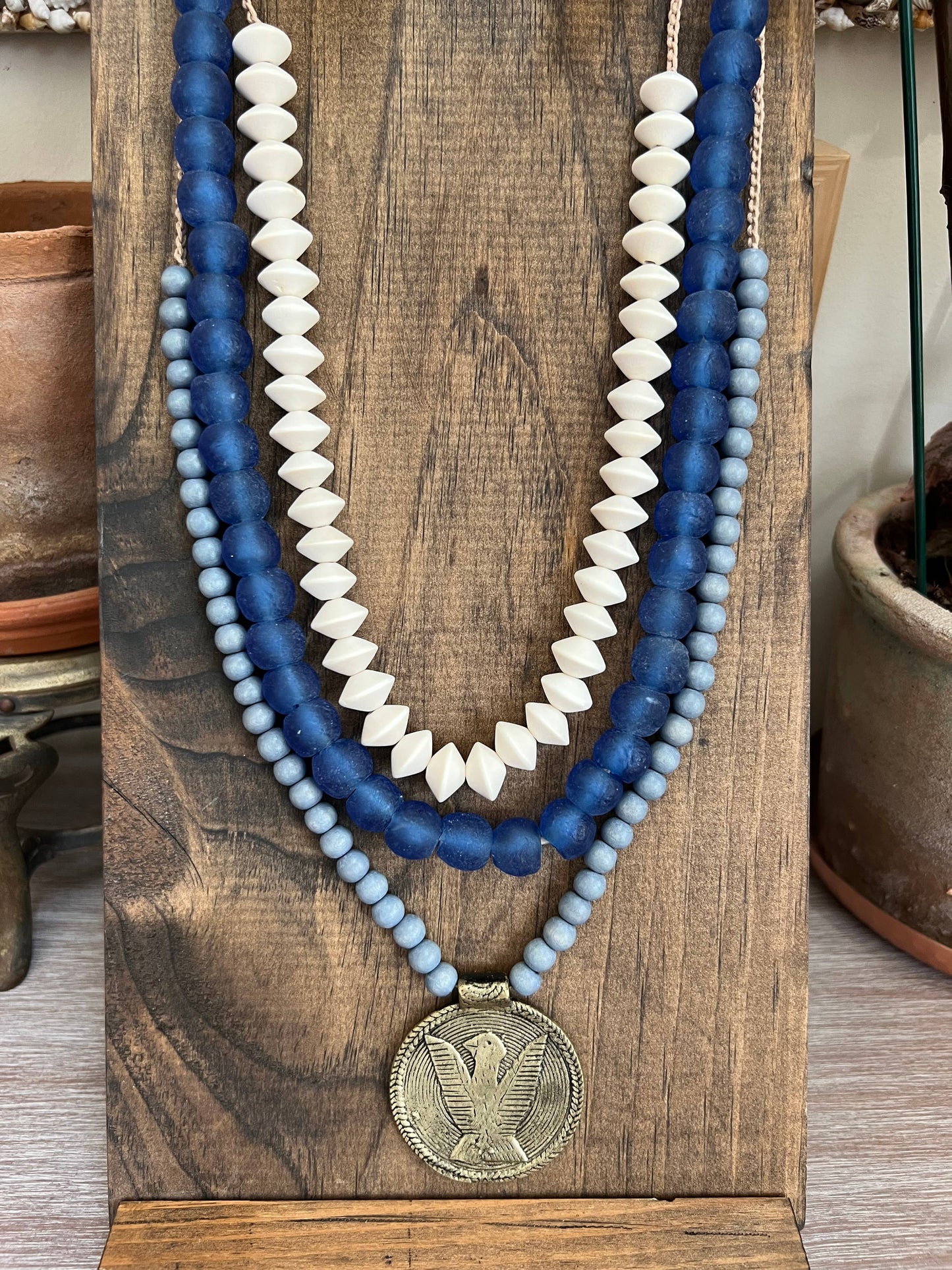 Cobalt And Denim Blue Sea Glass And Wood Beach Necklace Set