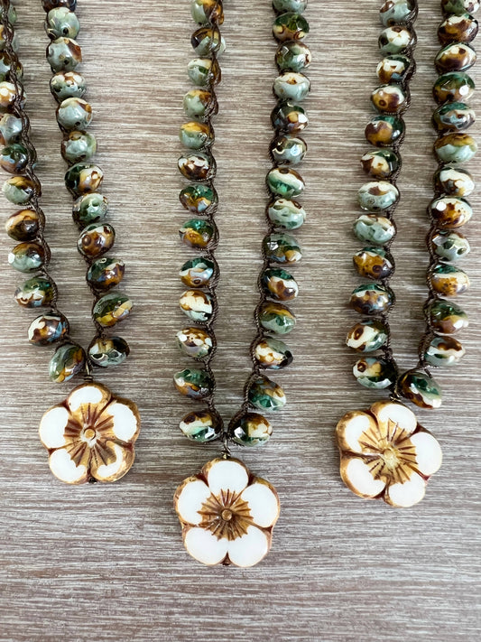 Dappled Forest Crystal Necklace With Pressed Glass Flower
