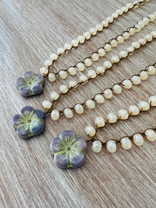 Soft Lavender Pressed Glass Flower Necklace And Opal Crystal