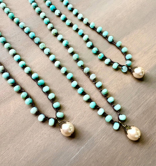 Faceted Amazonite Stones Crocheted With Glass Pearl Drop