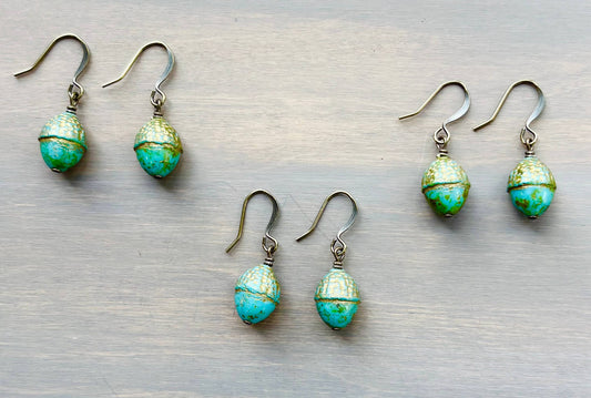 Antiqued Acorn Drop Earrings In Shimmering Aqua