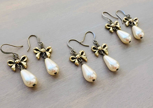 French Bow Classic Pearl Drop Earrings, Lovely For Brides