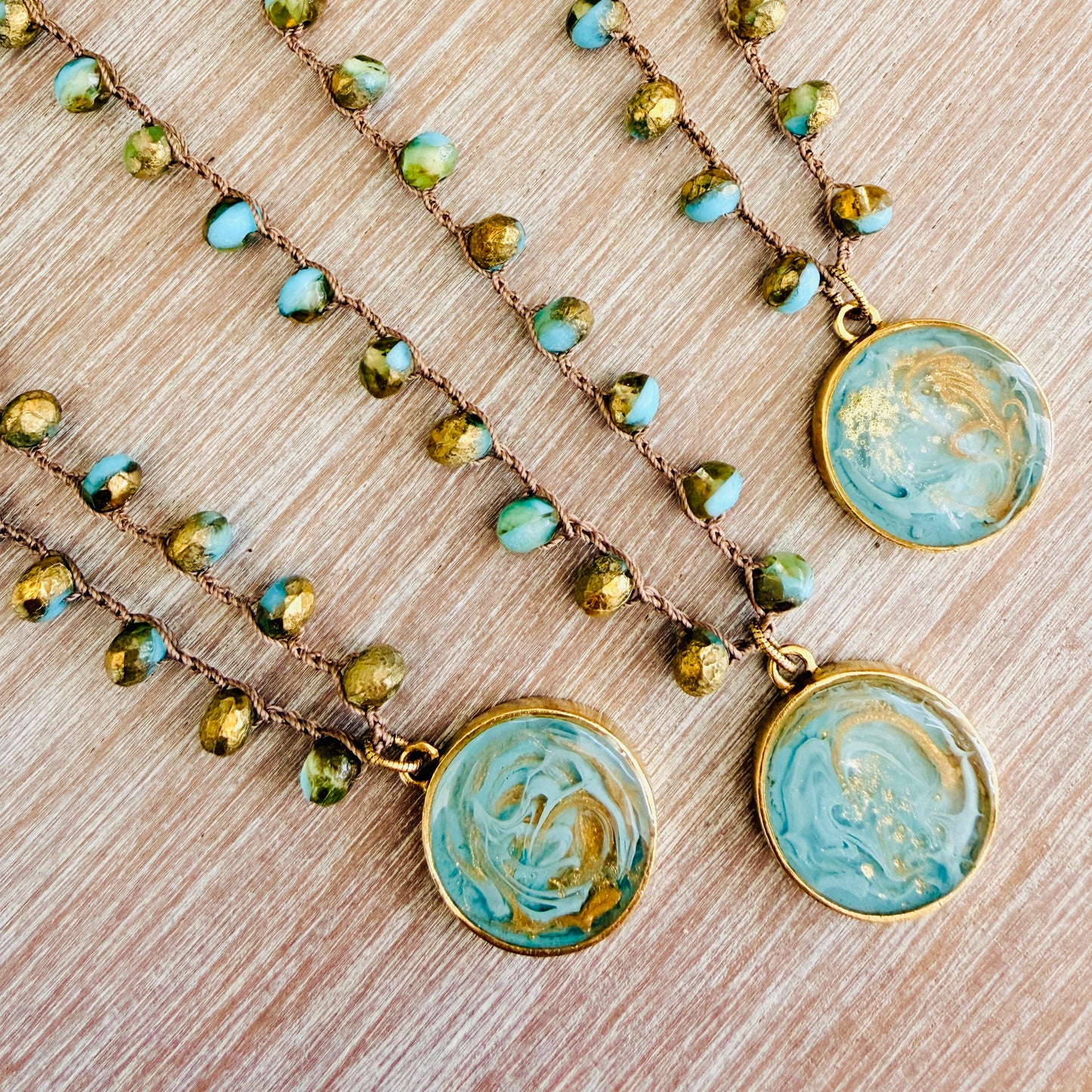 Golden Sea Portal Handmade Pendant And Crocheted Czech Crystal Necklace