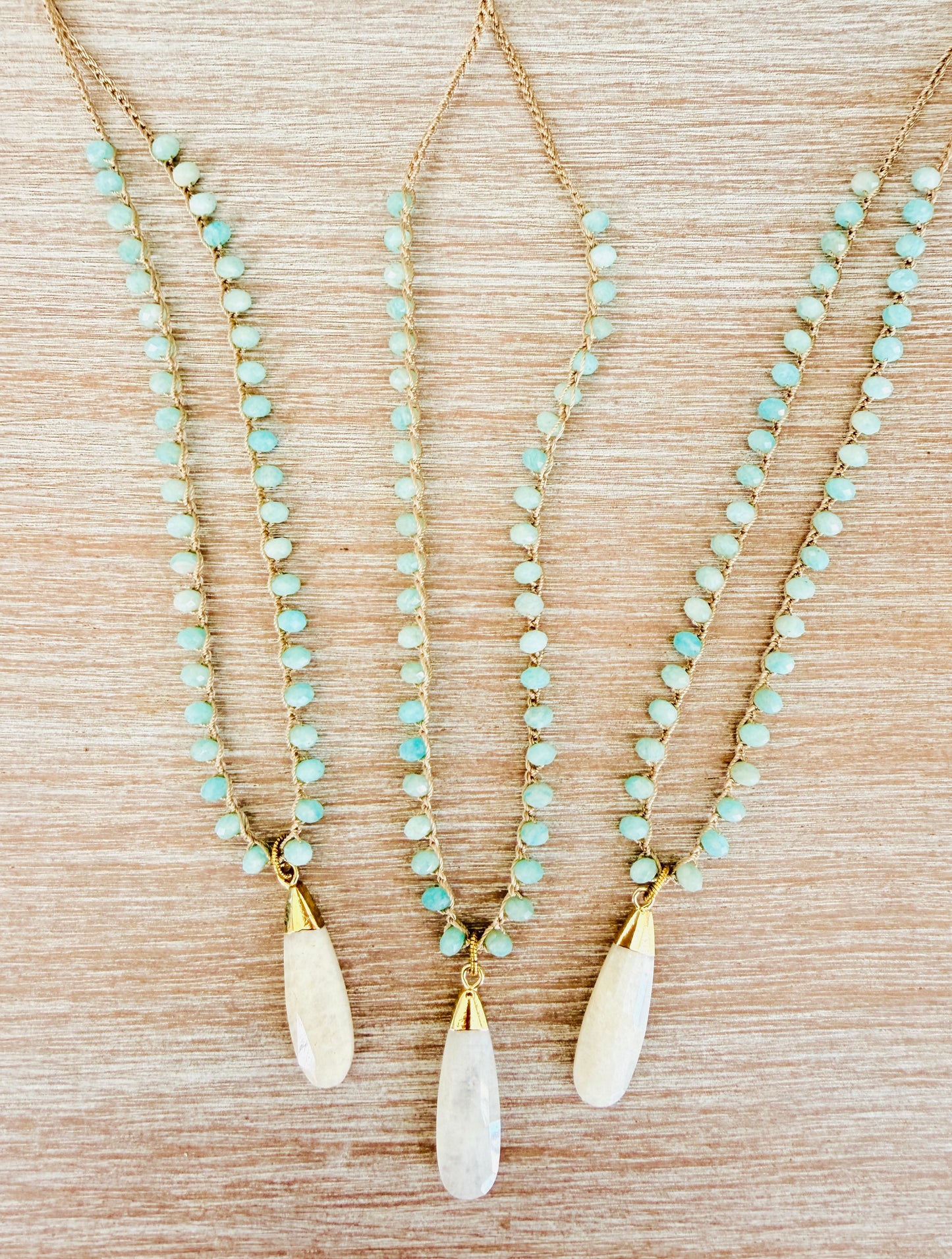 Coastal Moonstone Beach Necklace With And Crocheted Amazonite