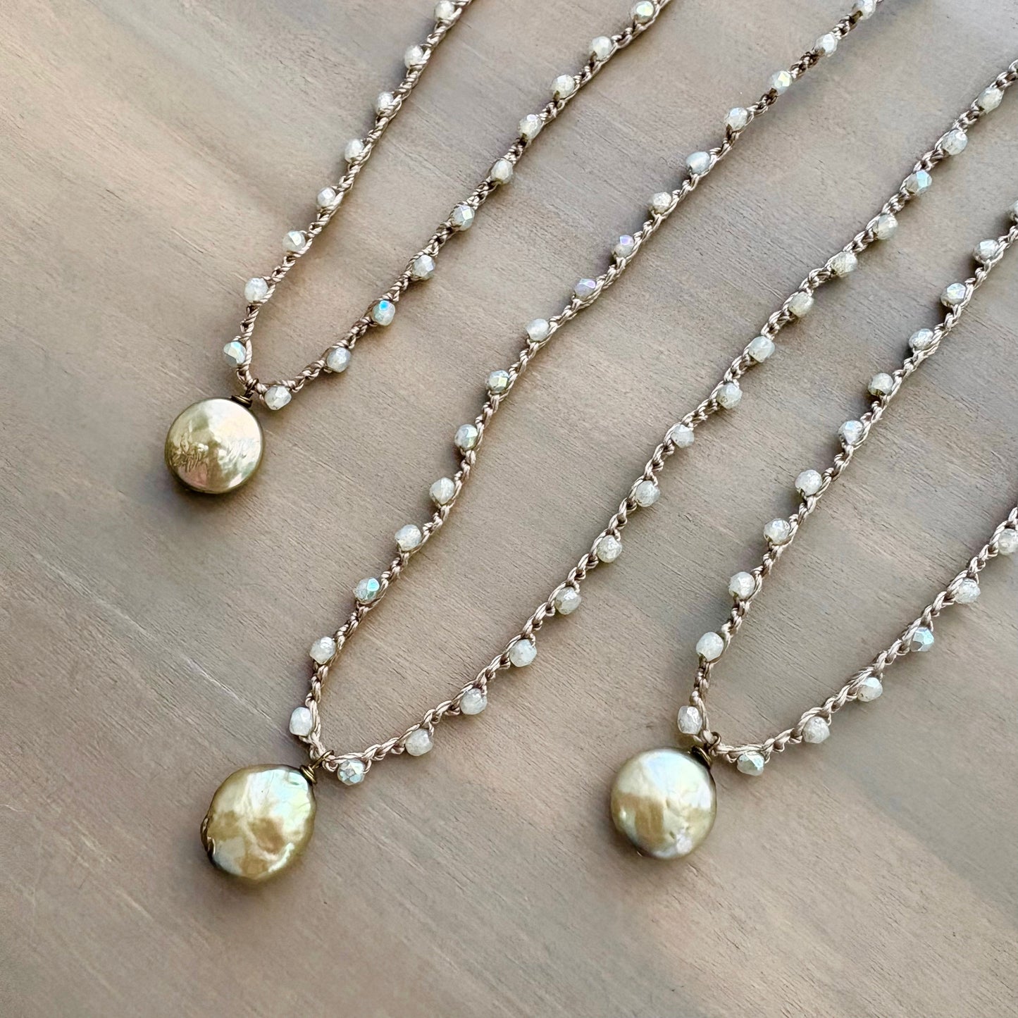 Sage Green Freshwater Coin Pearl Pendant And Crocheted Crystal Necklace