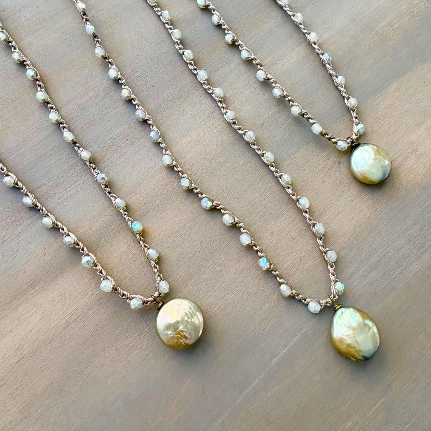 Sage Green Freshwater Coin Pearl Pendant And Crocheted Crystal Necklace
