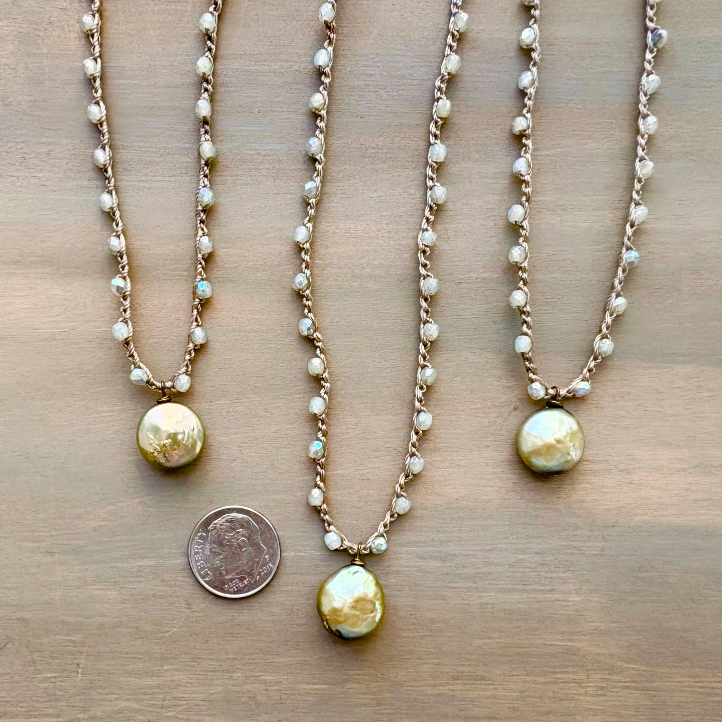 Sage Green Freshwater Coin Pearl Pendant And Crocheted Crystal Necklace