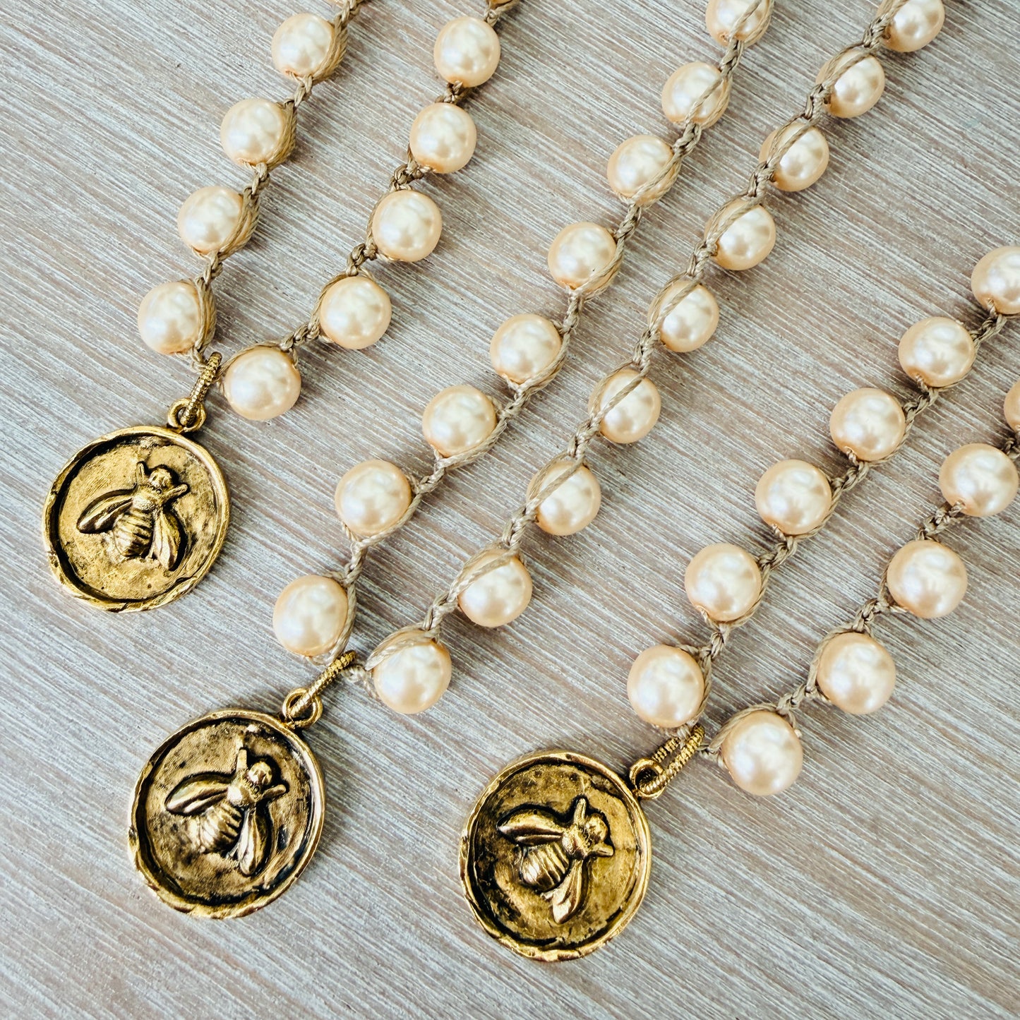 Honey Bee Golden Coin Necklace Crocheted With Glass Pearls