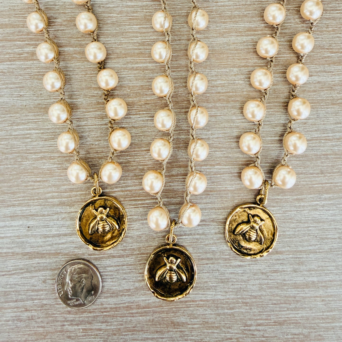 Honey Bee Golden Coin Necklace Crocheted With Glass Pearls