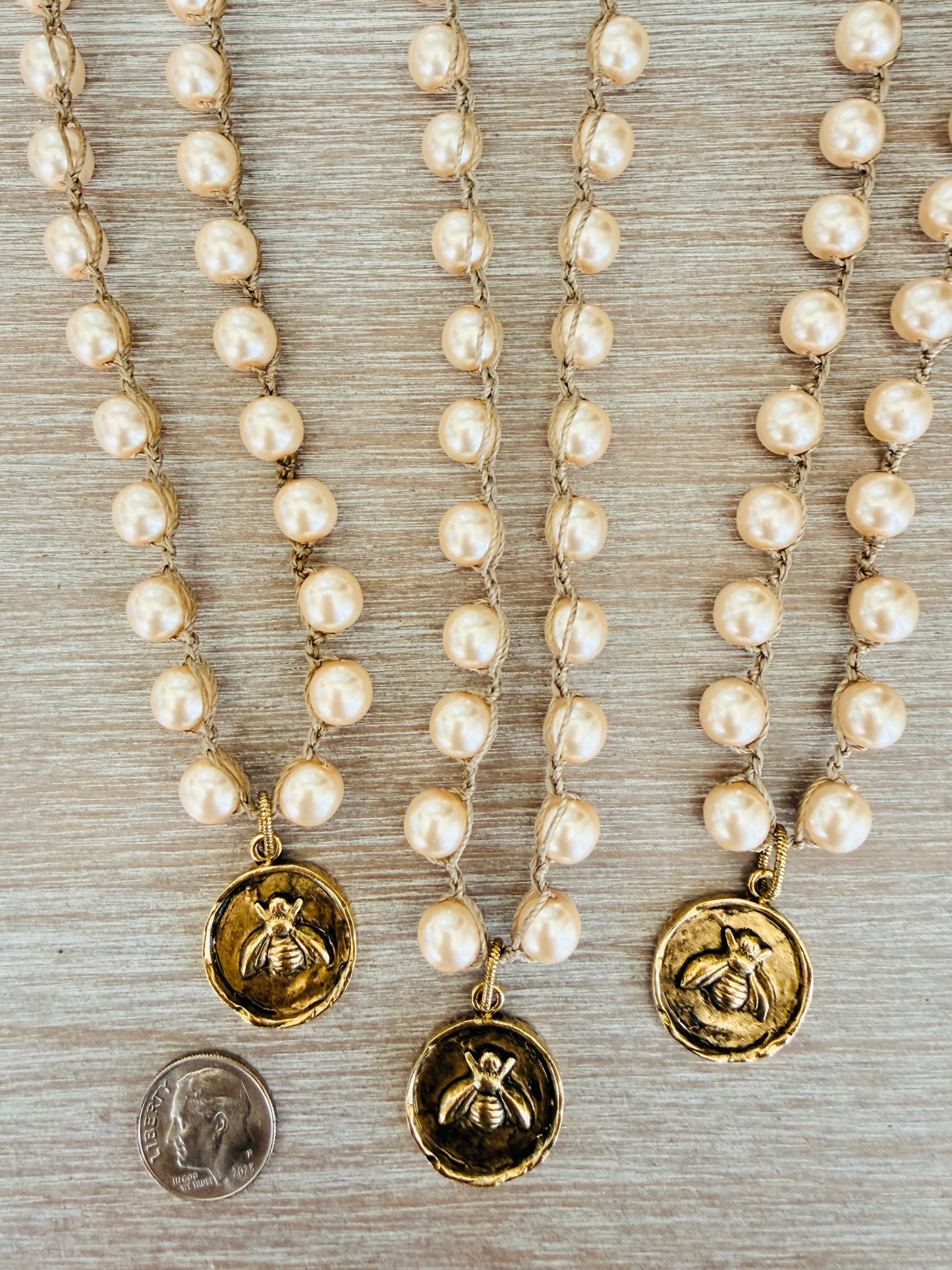 Honey Bee Golden Coin Necklace Crocheted With Glass Pearls