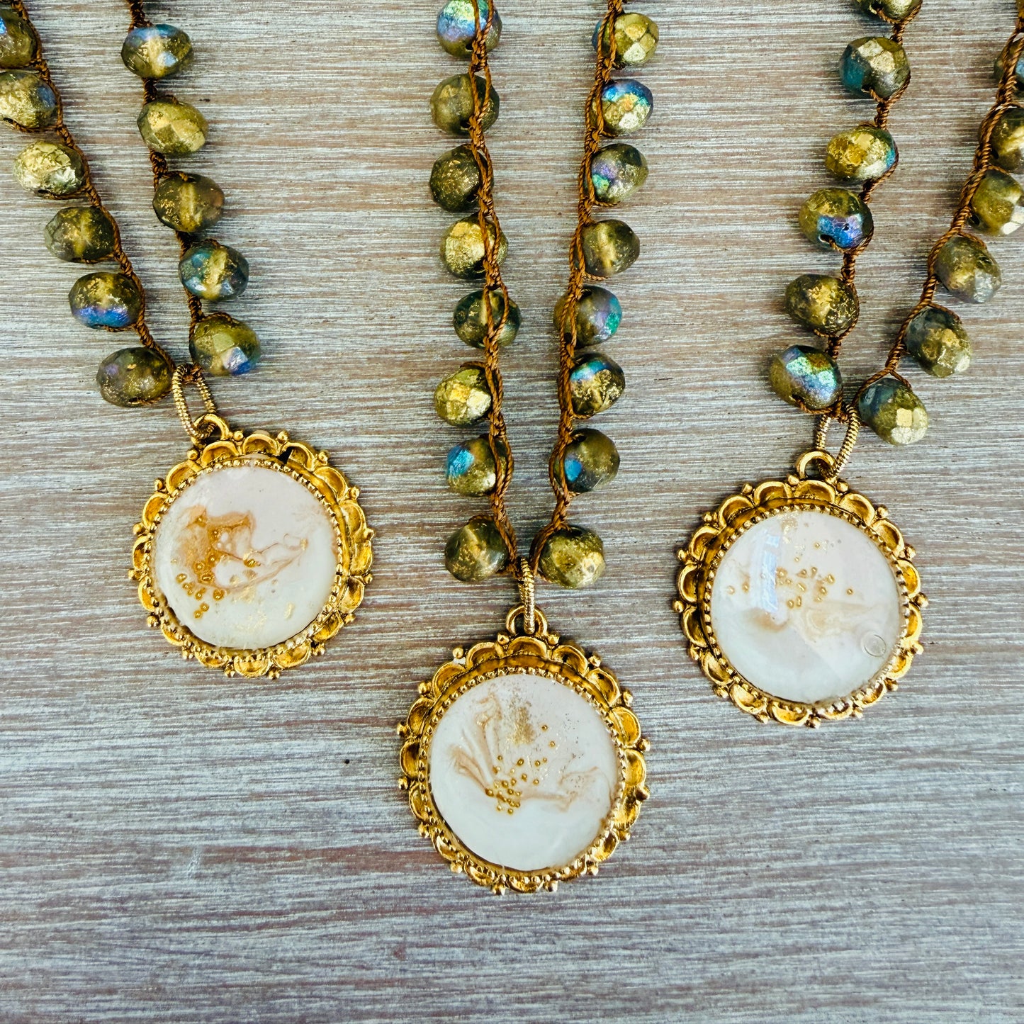 Coastal Conch Shell Handmade Pendant And Golden Crystal Crocheted Necklace