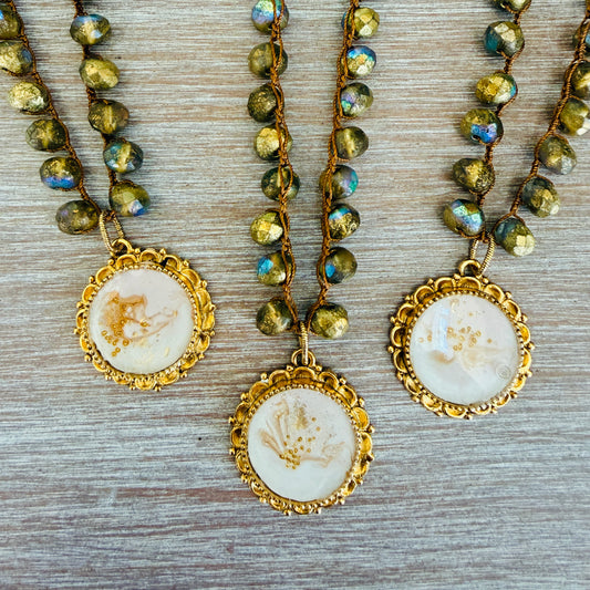 Coastal Conch Shell Handmade Pendant And Golden Crystal Crocheted Necklace