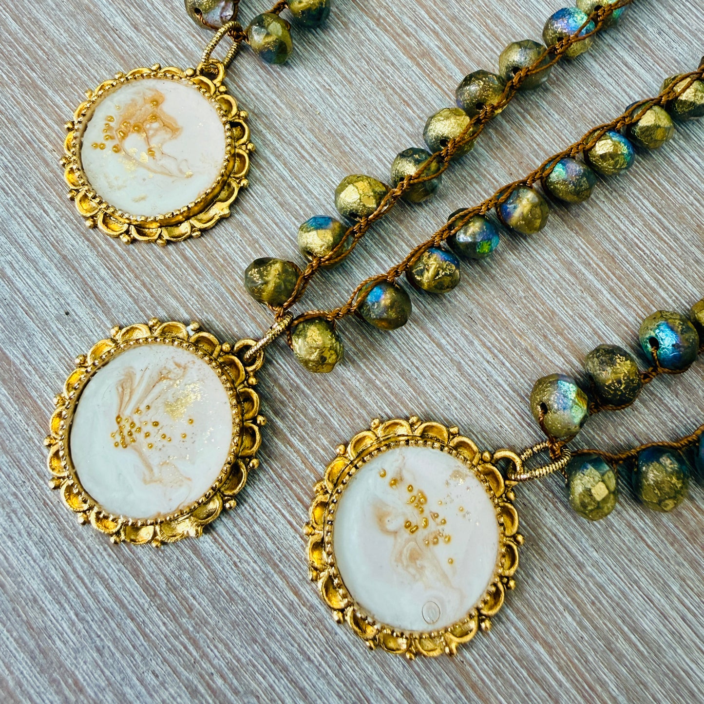 Coastal Conch Shell Handmade Pendant And Golden Crystal Crocheted Necklace