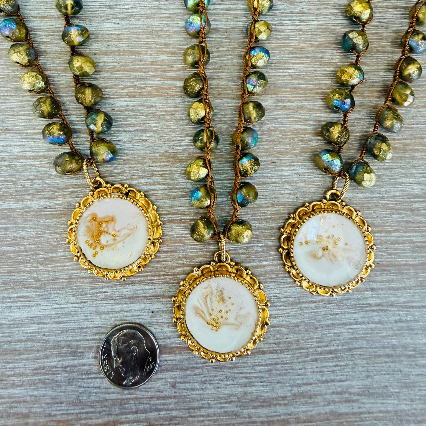Coastal Conch Shell Handmade Pendant And Golden Crystal Crocheted Necklace