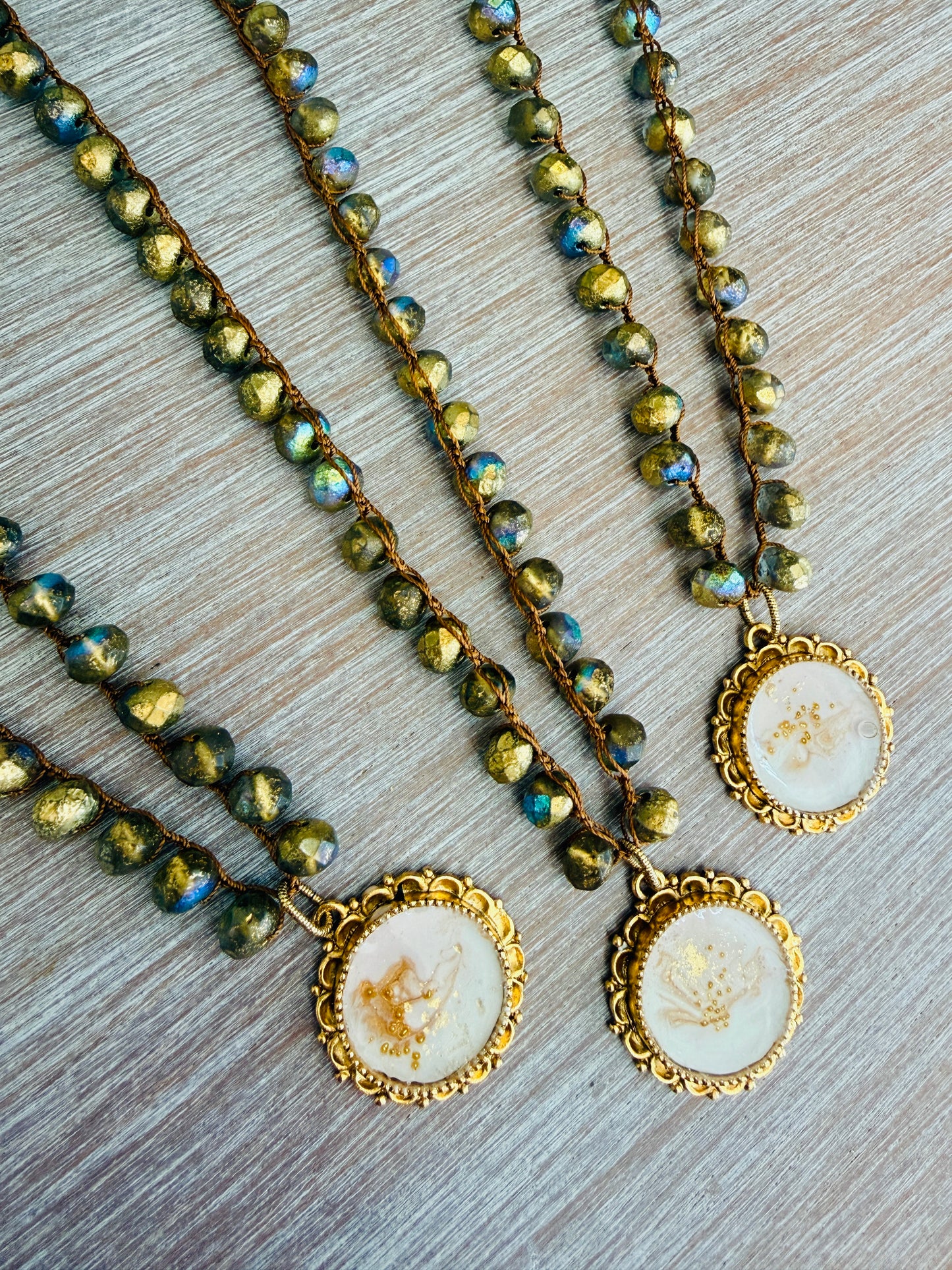 Coastal Conch Shell Handmade Pendant And Golden Crystal Crocheted Necklace