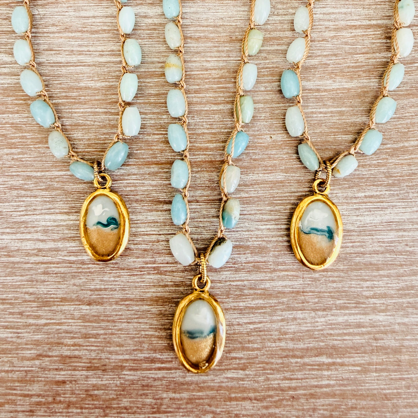 Crocheted Amazonite Necklace With Handmade Seascape Portal Pendant
