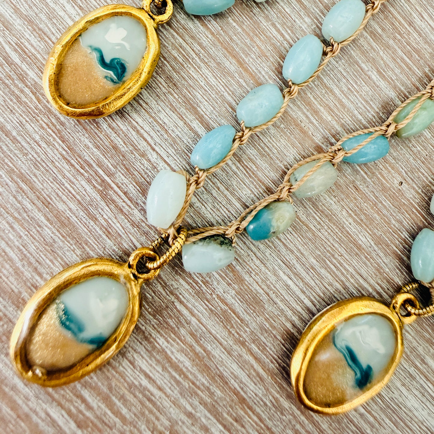 Crocheted Amazonite Necklace With Handmade Seascape Portal Pendant