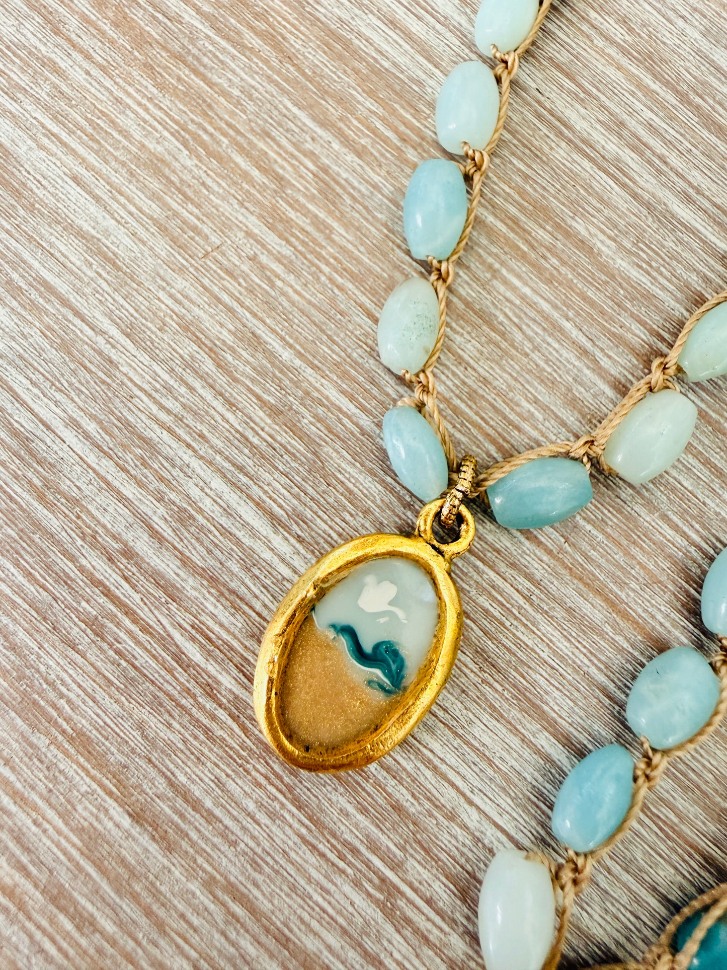 Crocheted Amazonite Necklace With Handmade Seascape Portal Pendant