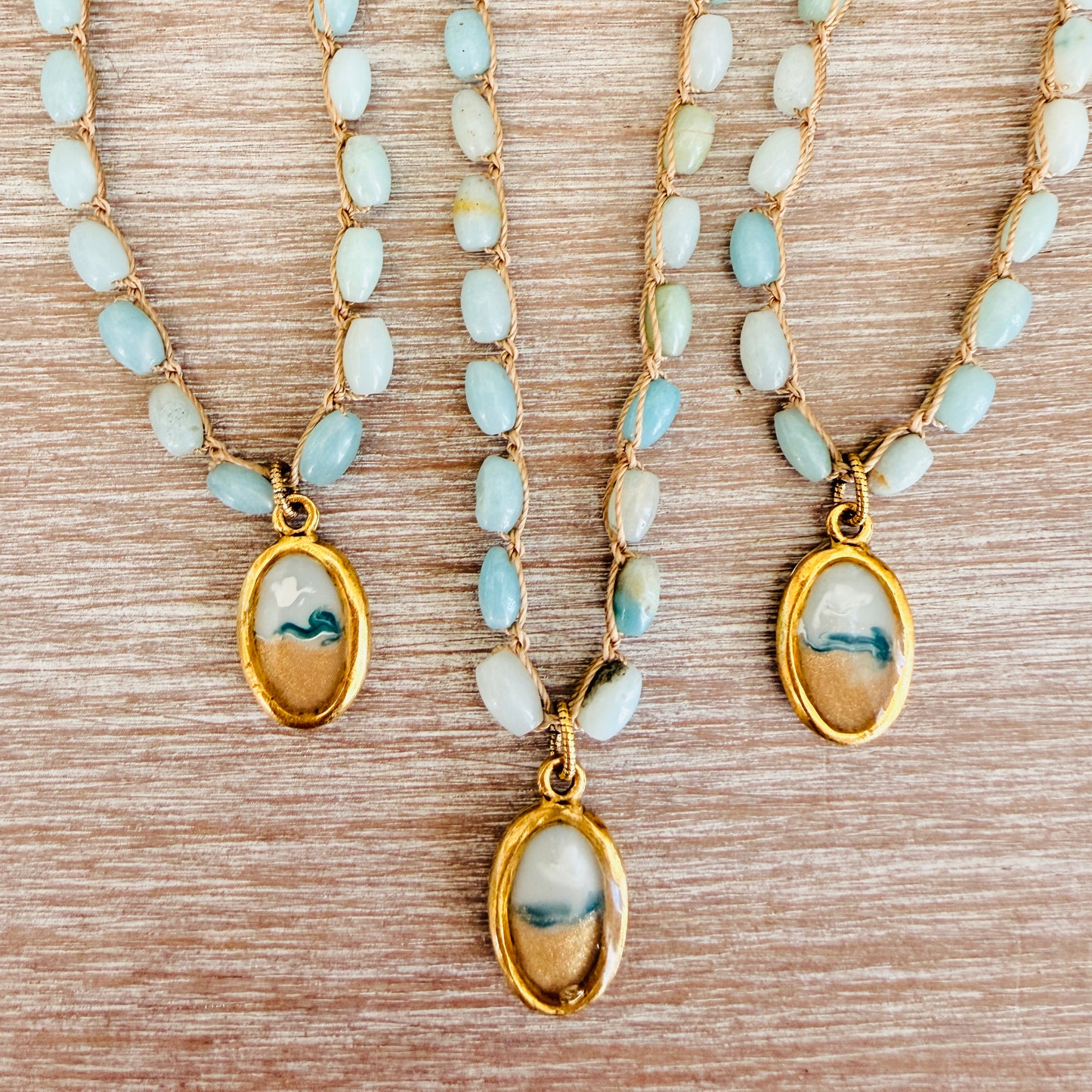 Crocheted Amazonite Necklace With Handmade Seascape Portal Pendant