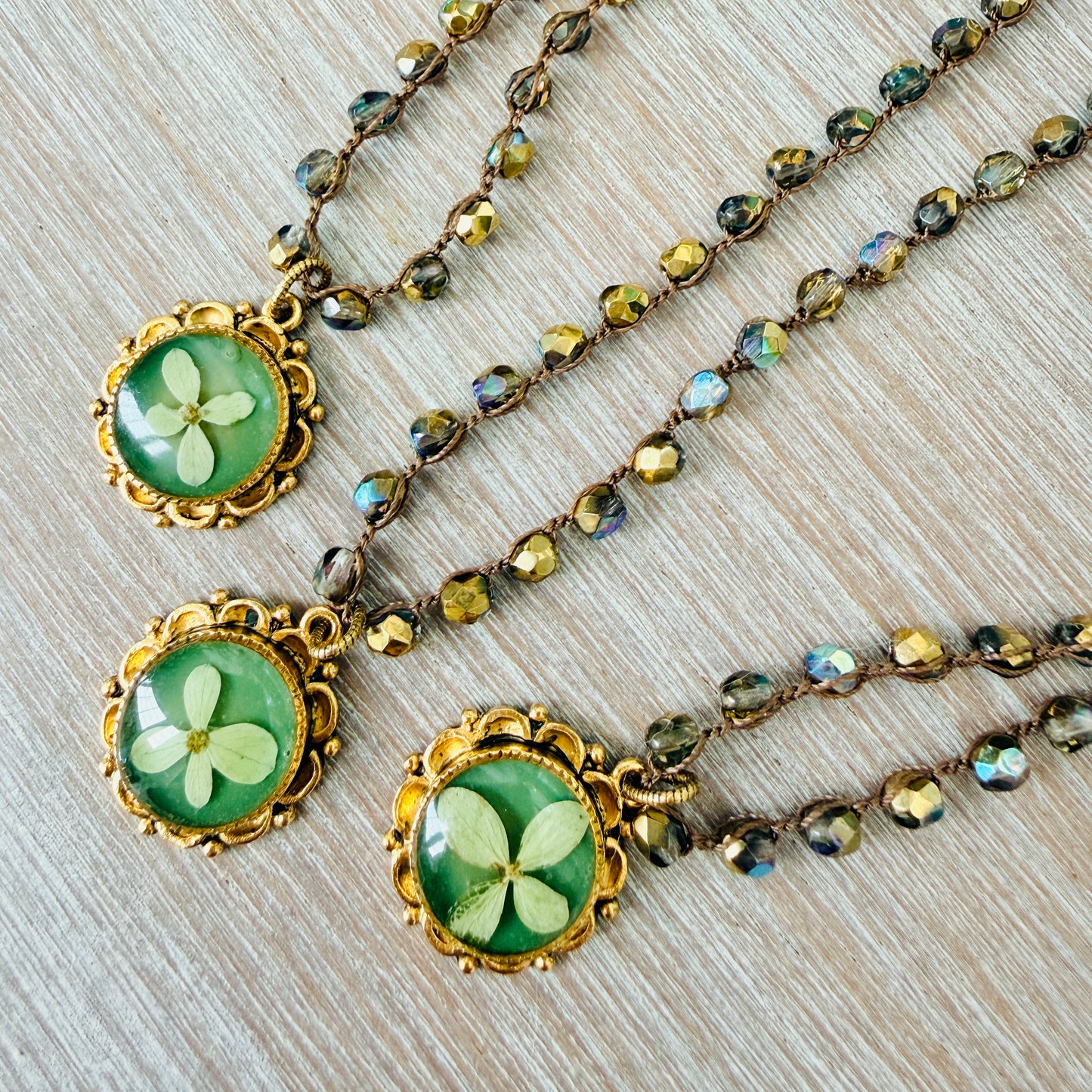 Hydrangea Garden Green Necklace With Real Botanical Flowers And Crocheted Crystal
