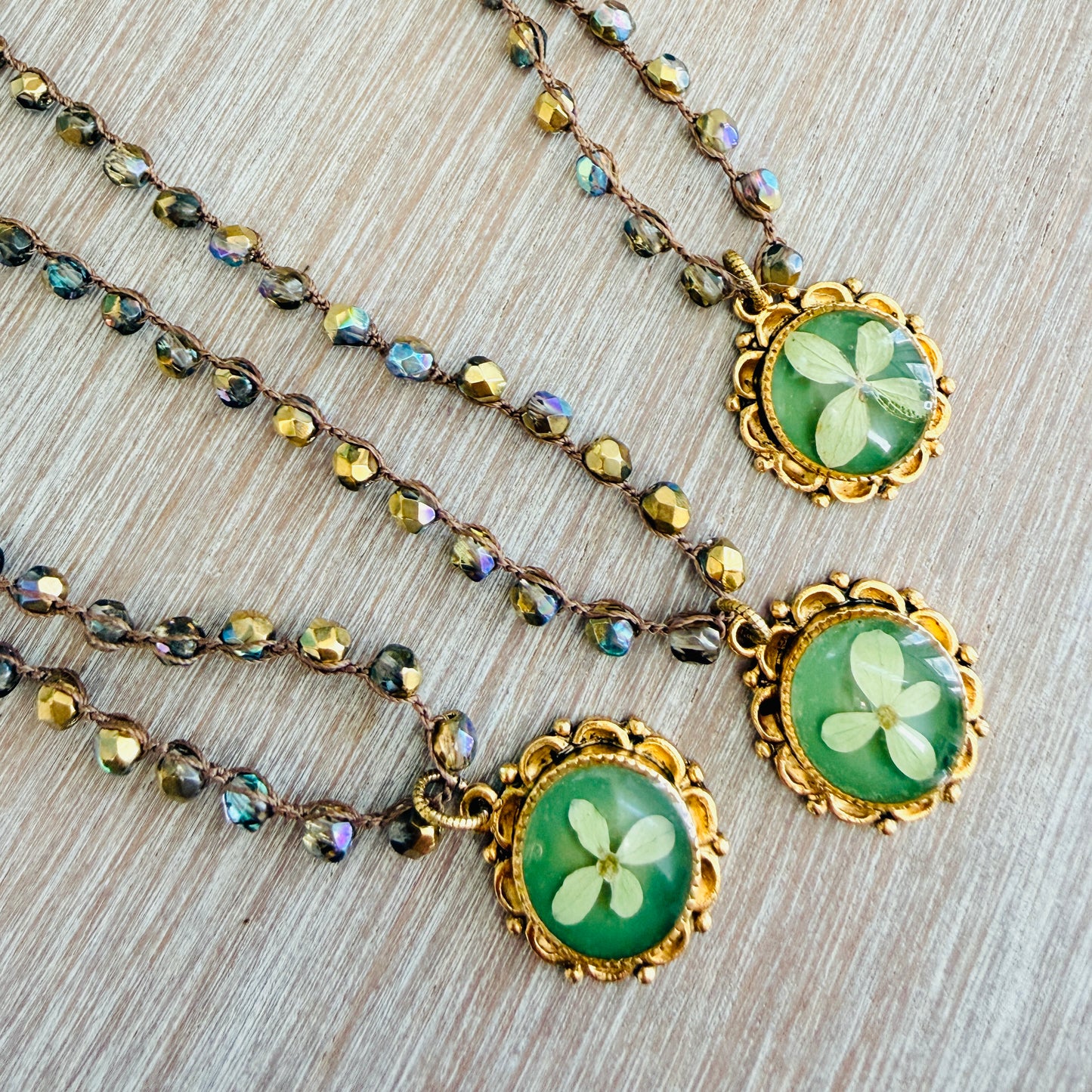 Hydrangea Garden Green Necklace With Real Botanical Flowers And Crocheted Crystal