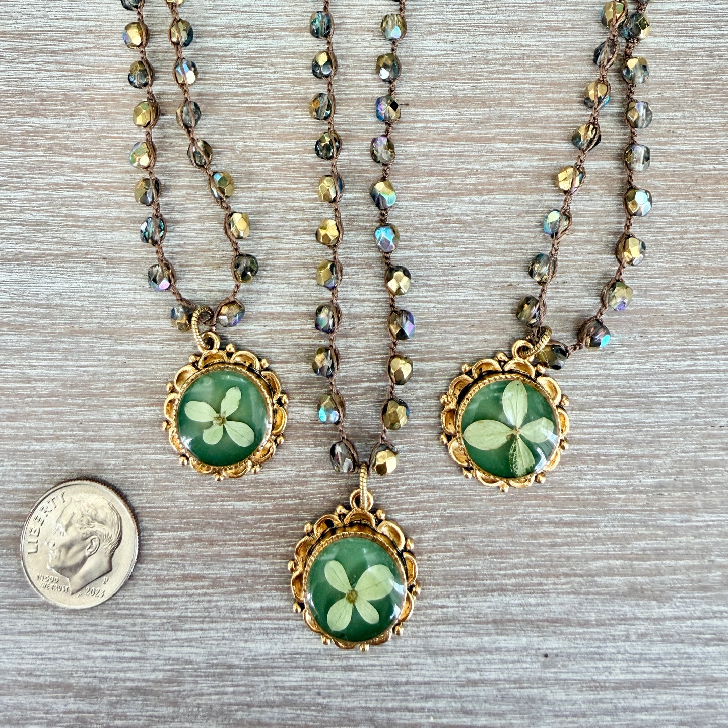 Hydrangea Garden Green Necklace With Real Botanical Flowers And Crocheted Crystal