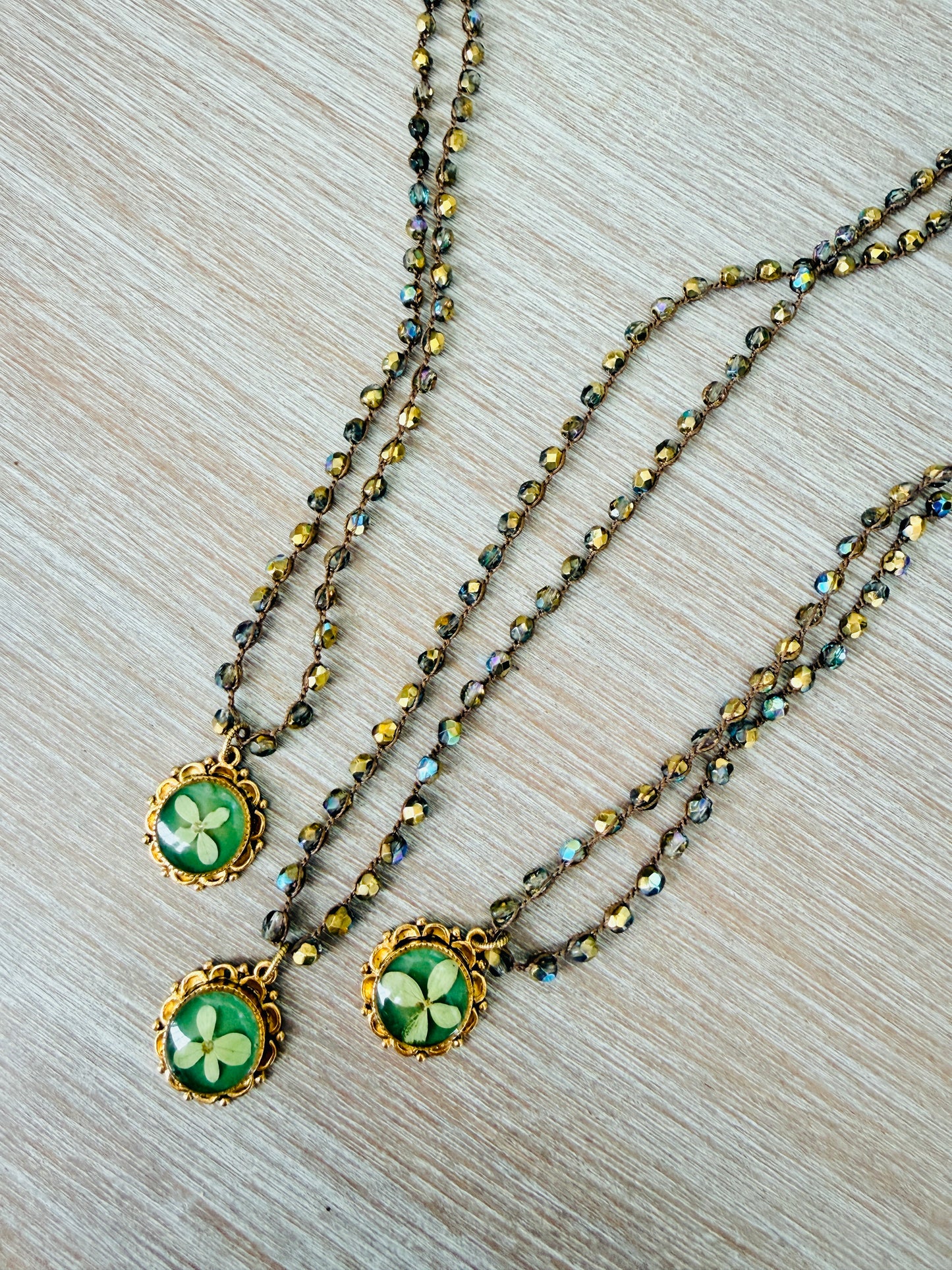 Hydrangea Garden Green Necklace With Real Botanical Flowers And Crocheted Crystal