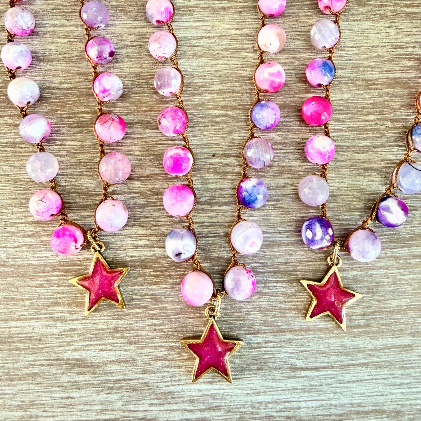 Hot Pink Super Star Pendant And Crocheted Crackle Agate Stones