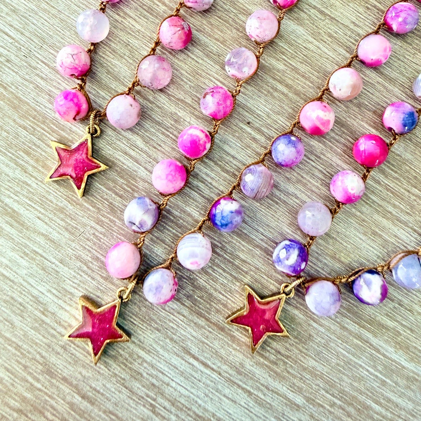Hot Pink Super Star Pendant And Crocheted Crackle Agate Stones