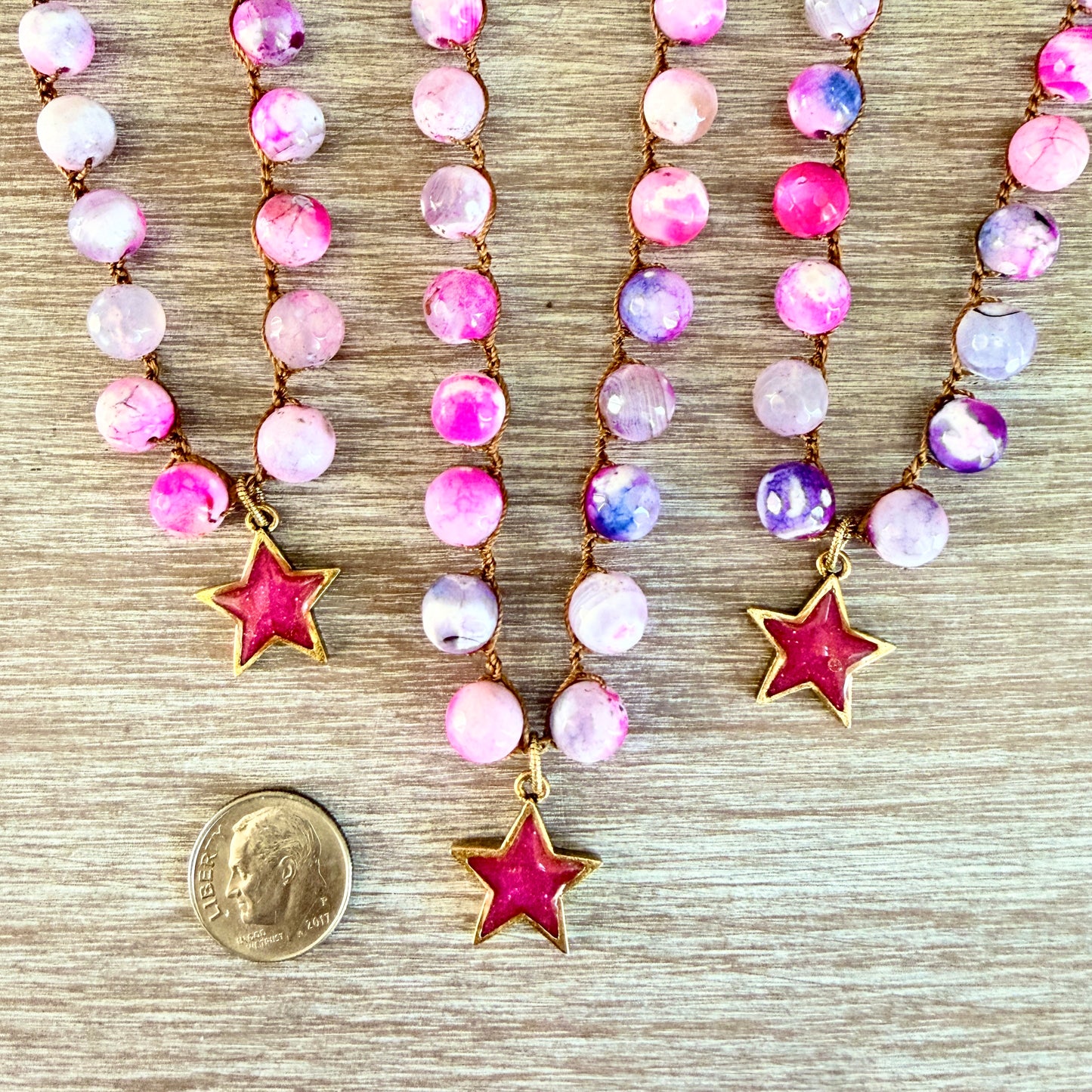Hot Pink Super Star Pendant And Crocheted Crackle Agate Stones