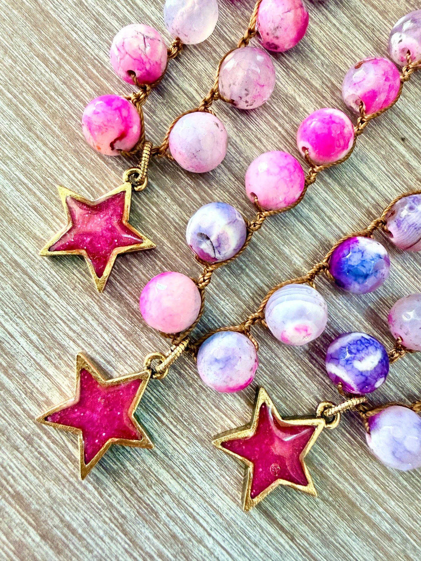Hot Pink Super Star Pendant And Crocheted Crackle Agate Stones