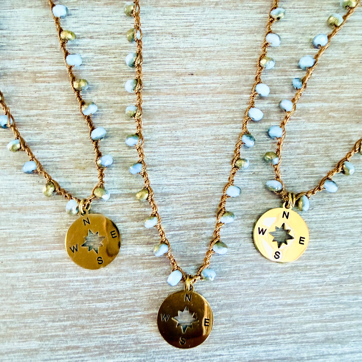Find Your Way Compass Necklace With Crocheted Czech Crystal