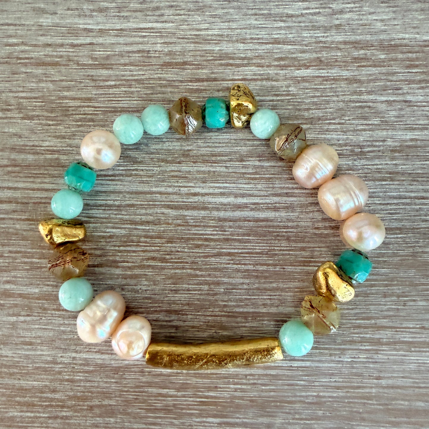 Rustic Gold Stretch Bracelet With Semi-Precious Stones and Pearls
