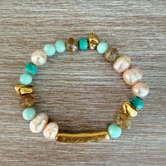 Rustic Gold Stretch Bracelet With Semi-Precious Stones and Pearls