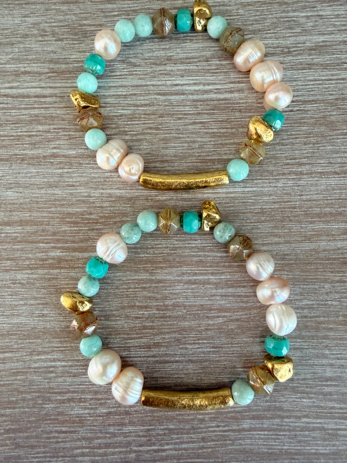 Rustic Gold Stretch Bracelet With Semi-Precious Stones and Pearls