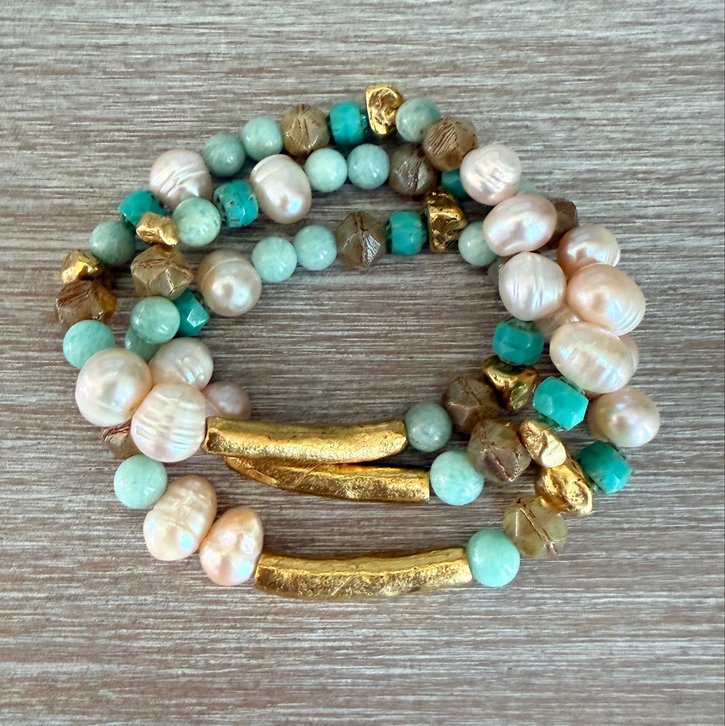 Rustic Gold Stretch Bracelet With Semi-Precious Stones and Pearls