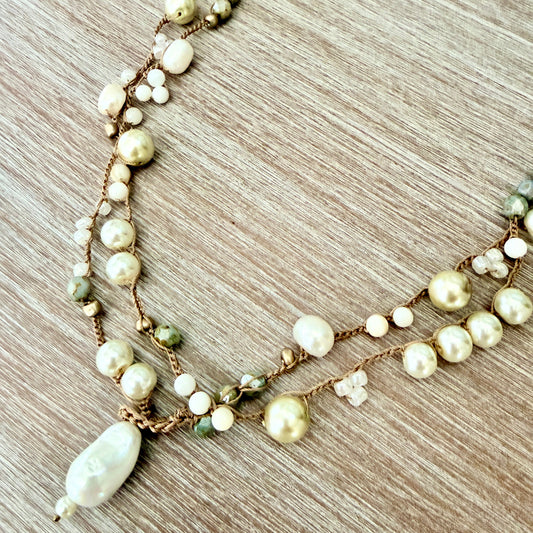 Saltwater Mermaid Long Baroque Pearl Crocheted Necklace