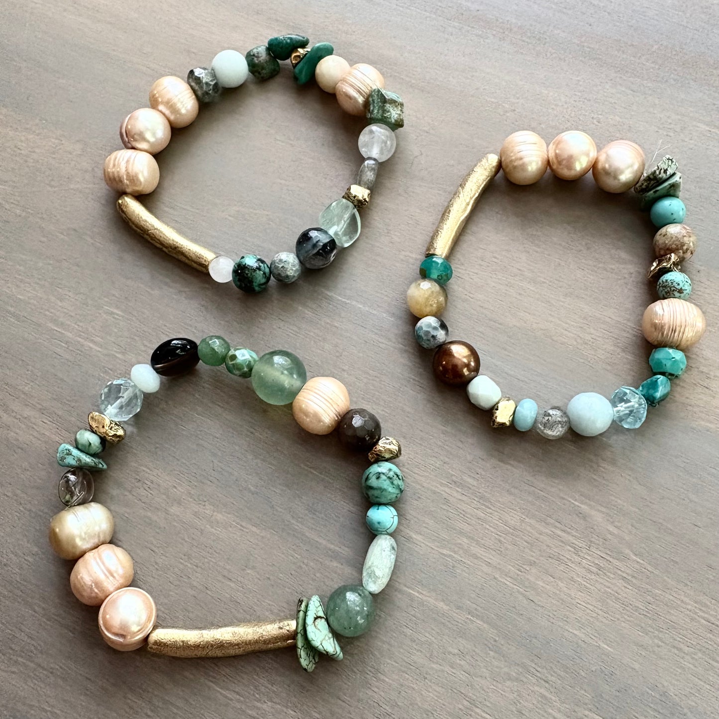 Rustic Gold Stretch Bracelet With Semi-Precious Stones and Pearls