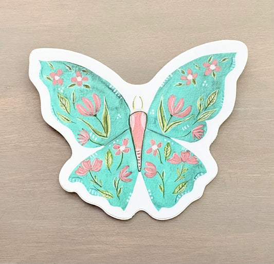 Aqua Floral Butterfly Waterproof Sticker