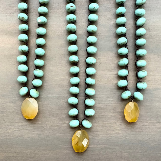 Faceted Honey Chalcedony Crocheted Czech Crystal Beach Necklace