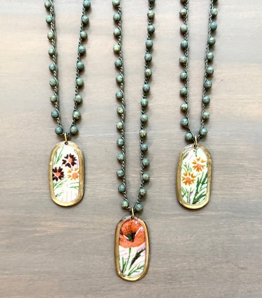 French Linen Pendant Necklace With Crocheted Grassy Green Crystal